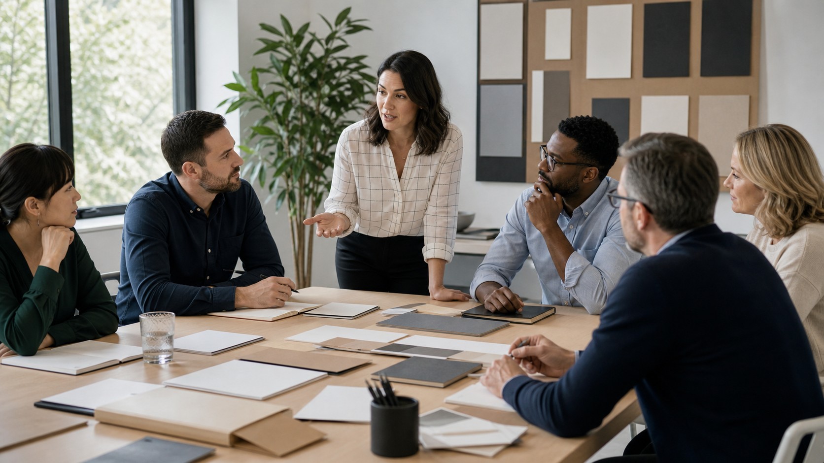 Cross-functional leaders aligning corporate communication priorities in a modern meeting room