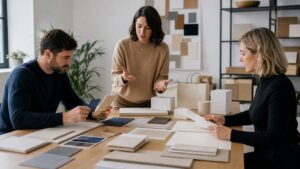 Professionals comparing blank visual brand materials during a brand identity and voice discussion
