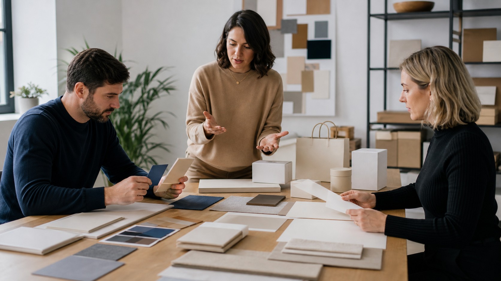 Professionals comparing blank visual brand materials during a brand identity and voice discussion