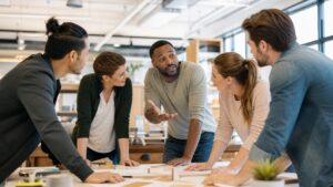 Leader facilitating an energetic team huddle around a project table