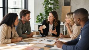 Brand strategist guiding a focused team workshop with blank creative materials on a table