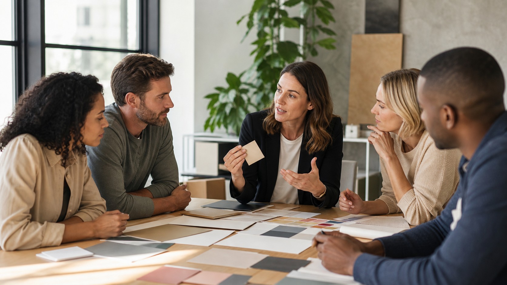 Brand strategist guiding a focused team workshop with blank creative materials on a table