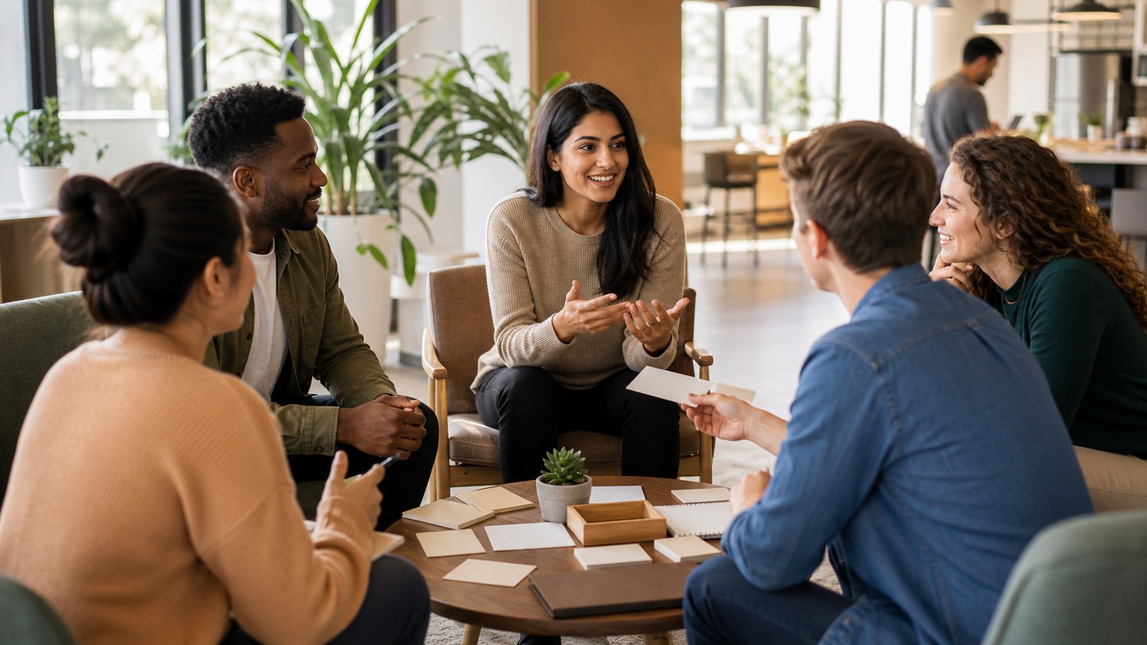 Employees sharing ideas in a warm company culture discussion in an office lounge
