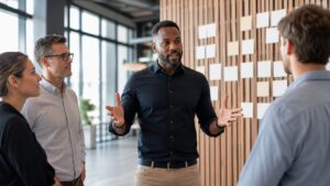 Business leader aligning a team around a shared direction in a modern strategy room