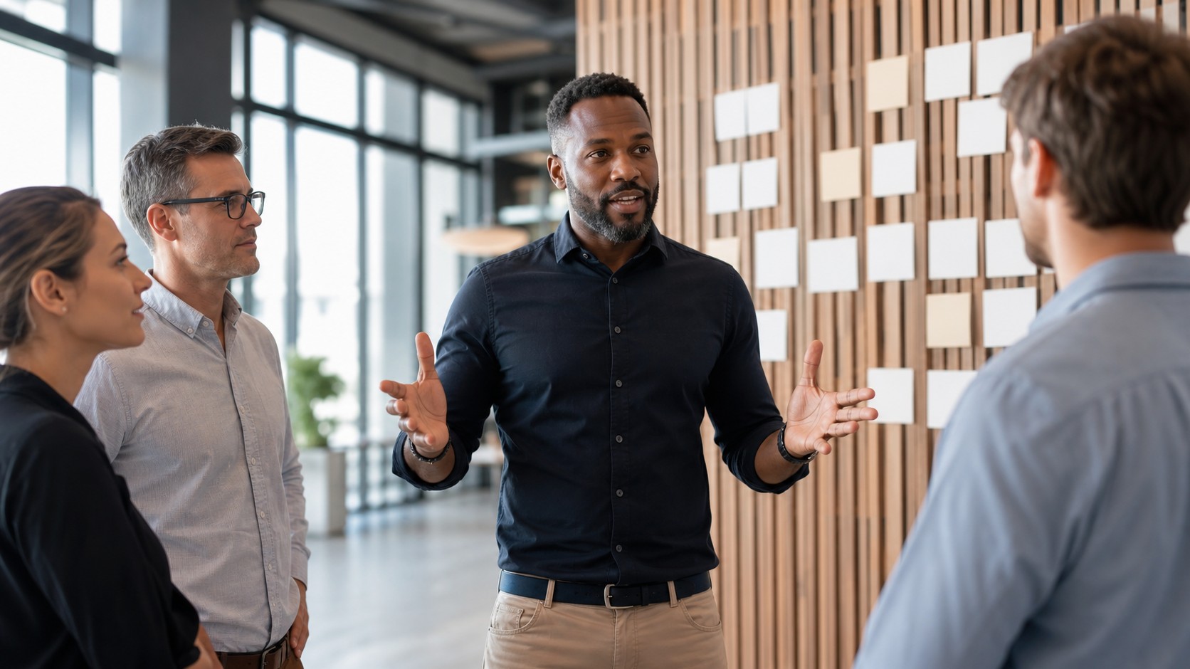Business leader aligning a team around a shared direction in a modern strategy room