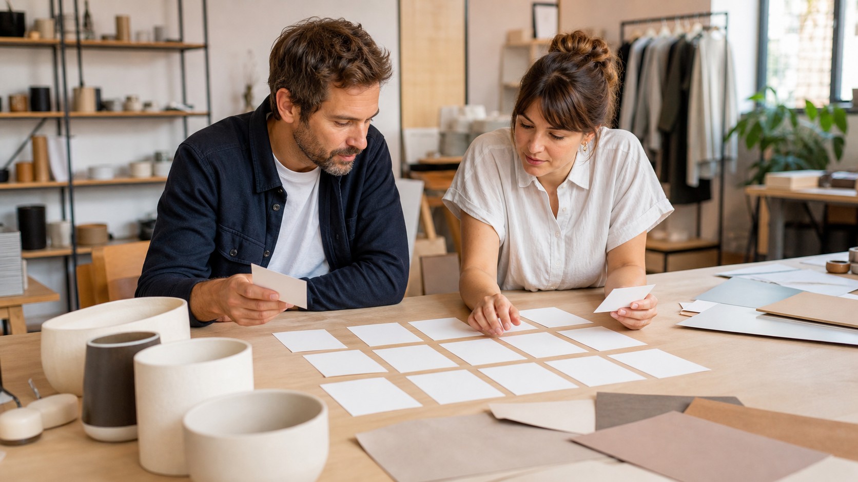 Founder and marketer sorting blank brand personality cards in a warm planning session