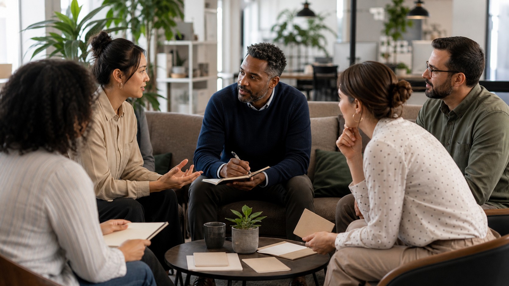 Manager listening during a small-group employee engagement conversation in a bright office