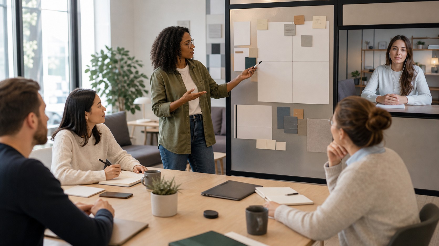 Internal communications lead coordinating a hybrid team around blank update boards