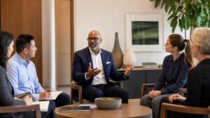 Business leader speaking with open posture during a calm executive briefing