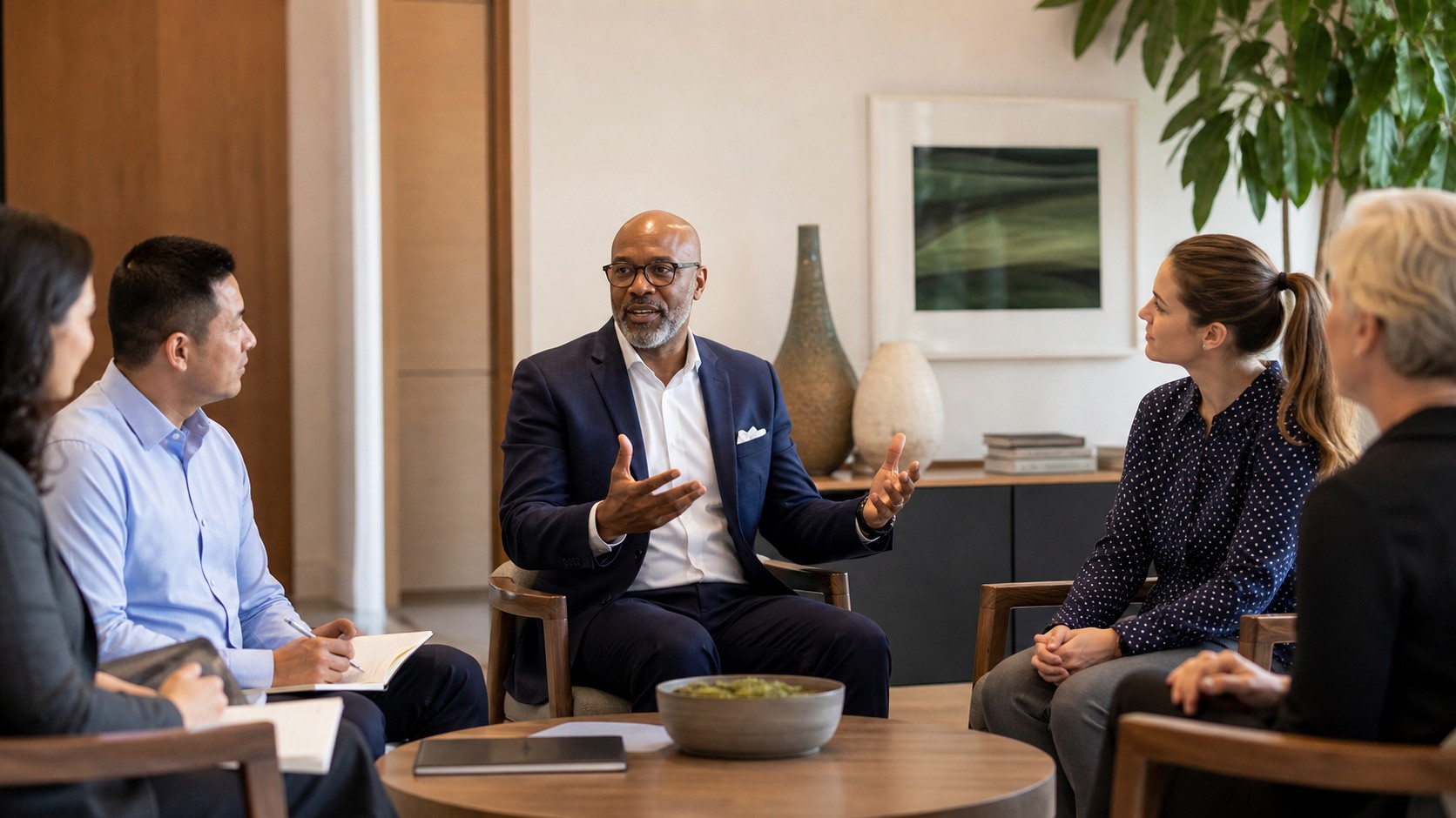 Business leader speaking with open posture during a calm executive briefing