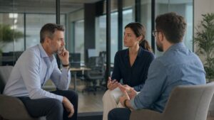 Manager listening during a constructive conversation after a tense meeting