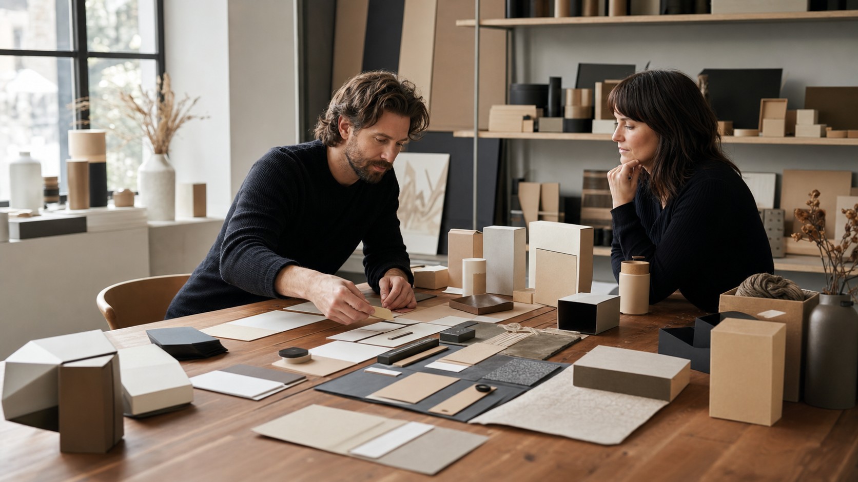 Creative director arranging blank tactile brand identity materials in a refined studio